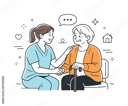 Gentle Elderly Support. Elderly care. Caregiver gently assisting an older person while talking calmly. Warm support and respectful attention in a