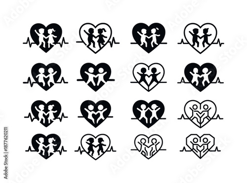 Children Dance Logos. Children's dance. Icon set. Set Logo of children's dance: heart rhythm line. harmonious logo variations of the same emblematic concept,