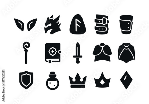 Fantasy Costume Icons. Fantasy costumes. Solid icon set of fantasy costumes: elf ears, dragon helmet, runestone, leather bracer, mage staff, spellbook, dagger,