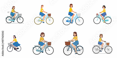 Collection of flat design illustrations showing women riding city cruiser bicycles with baskets, promoting active transportation, health, and urban lifestyle.