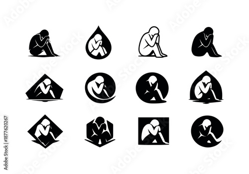 Sorrow Emblem Icons. Crying alone in darkness. Icon set. Set Logo of crying alone in darkness: sorrow emblem. harmonious logo variations of the same emblematic