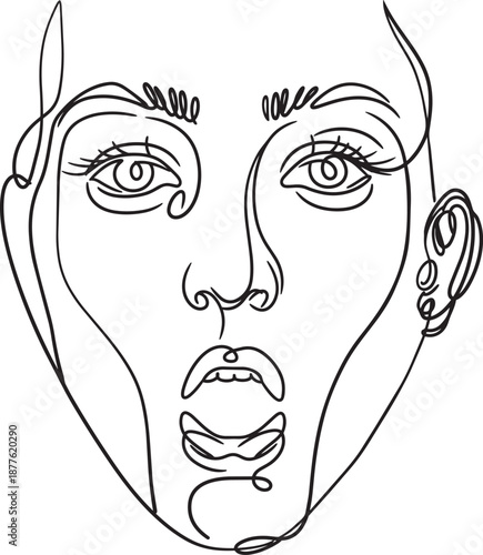 Continuous Line Drawing of Womans Face with Shocked Expression Isolated on White