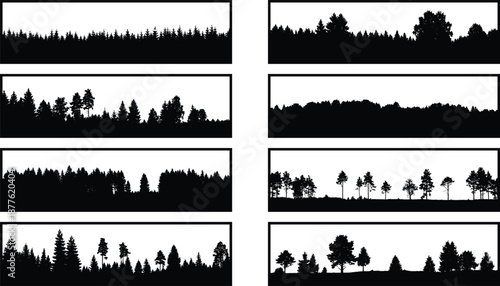 Forest landscape silhouette banner set featuring diverse tree horizons isolated black nature scenery vector illustration frames collection design elements templates