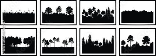 Forest landscape silhouette frames featuring diverse tree horizons isolated black nature scenery vector illustration collection design elements for creative projects