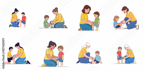 Collection of illustrations showing mothers and caregivers applying bandages and first aid to young children's scraped knees and minor injuries.