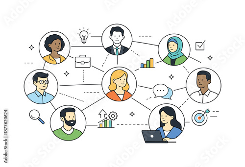 Diverse Professional Connections. Professional networking community. Diverse professionals linked by abstract lines and icons, symbolizing connections. Sense