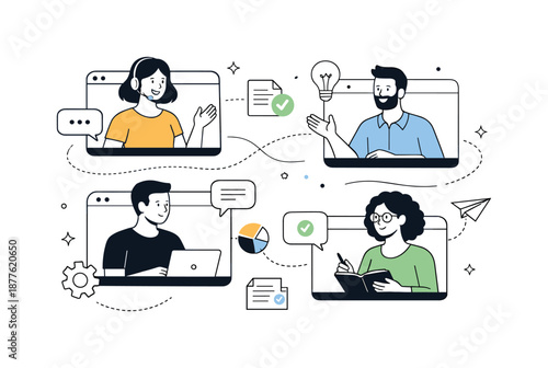 Digital Team Collaboration. Remote professional synergy. Team members connected through floating screens and dialog bubbles without a defined room. Modern