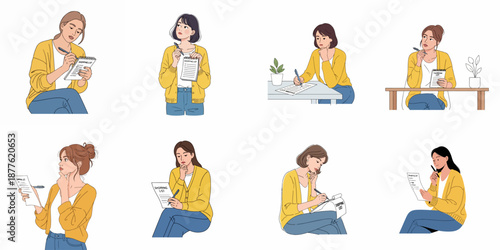 Set of eight illustrations featuring various women writing, thinking, and planning their grocery or shopping list for efficient purchasing.
