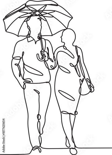 Couple Walking Together Under Umbrella on Rainy Day, Line Art Illustration