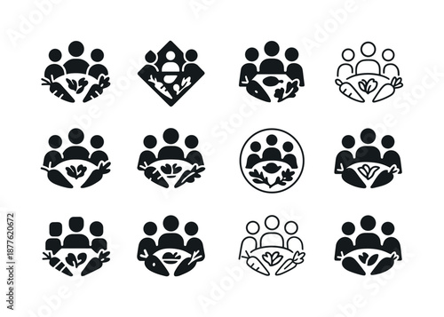 Family Meal Logos. Cooking a family meal with fresh ingredients. Icon set. Set Logo of cooking a family meal with fresh ingredients: family around table.