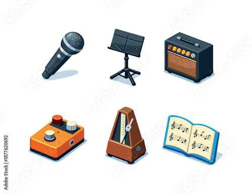 Music Gear Icons. Music Accessories. Isometric flat vector icons set of music accessories: microphone, music stand, amplifier, guitar pedal, metronome, sheet