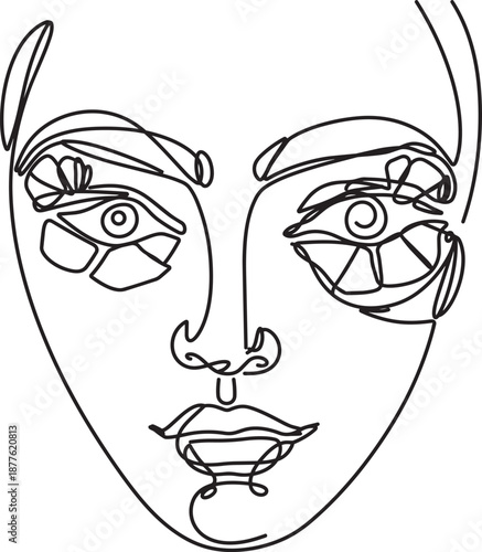 Abstract Female Face Line Art with Cubist Elements on White Background