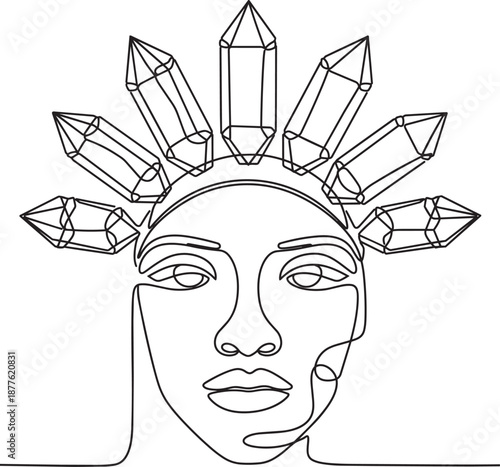 Woman with Crystal Crown on Head, Line Art Illustration