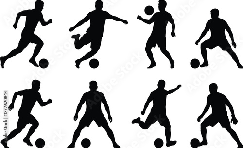 Football player silhouette set showing dynamic soccer actions dribbling kicking passing defending isolated black vector illustration collection