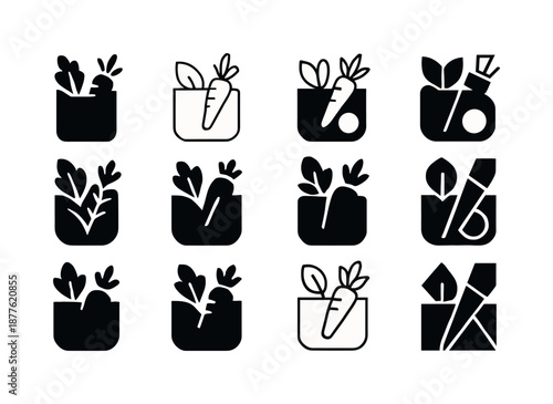 Healthy Meal Prep Icons. Healthy meal prep culture. Icon set. Set Logo of Healthy meal prep culture: Healthy grocery bag: Filled silhouette, Minimal outline,