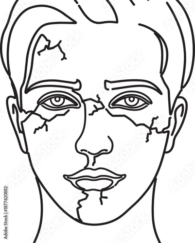 Cracked Man Face Line Art Illustration Isolated on White
