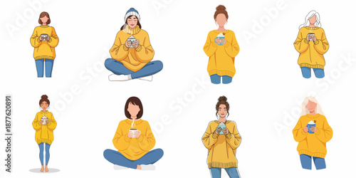 Set of eight illustrations featuring diverse women in cozy oversized yellow sweaters holding warm mugs of coffee or hot chocolate, symbolizing winter comfort and relaxation.