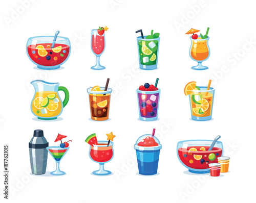 Colorful Party Drinks Icons. Party Drinks. Colorful flat vector icons set of Party Drinks: fruit punch, sparkling cocktail, mojito glass, tropical smoothie,
