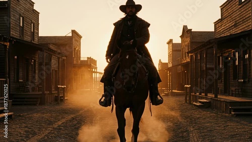 A lone cowboy rides a horse through a dusty old western town at sunset. Dramatic silhouette of a gunslinger approaching on a deserted street. Cinematic American frontier concept