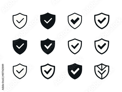 Inspection Logo Variations. Inspection. Icon set. Set Logo of inspection: shield with checkmark. harmonious logo variations of the same emblematic concept,