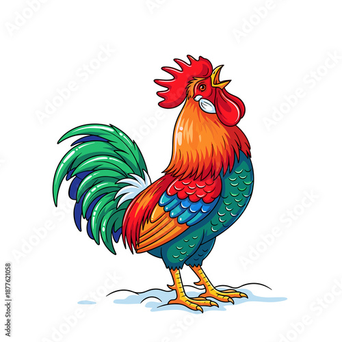 Rooster crowing in snow flat illustration on white background