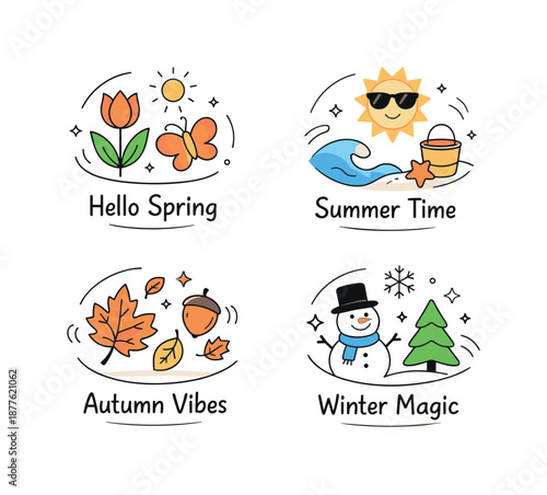 Seasonal Badge Design. Seasonal badges editorial illustration. Clean social media badges with minimal icons and soft motion lines, expressing change of seasons