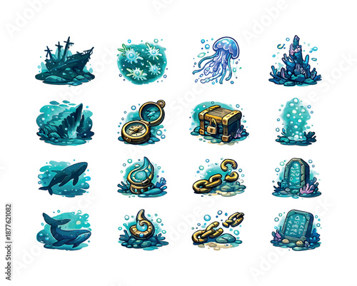 Deep Ocean Icons. deep ocean mystery. Colorful isometric vector icons set of deep ocean mystery: shadowy wreck silhouette, glowing plankton, drifting