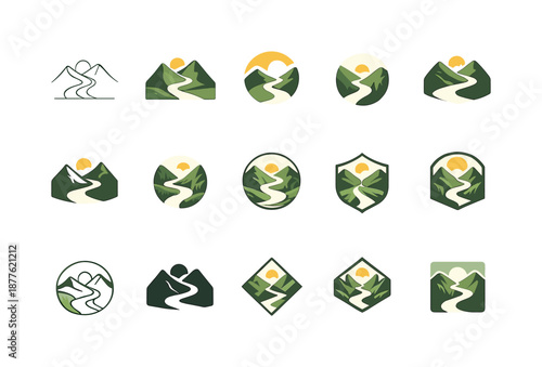 Quiet Valley Logos. Quiet Valley. Icon set. Set Logo of Quiet Valley: valley trail path. harmonious logo variations of the same emblematic concept, each with
