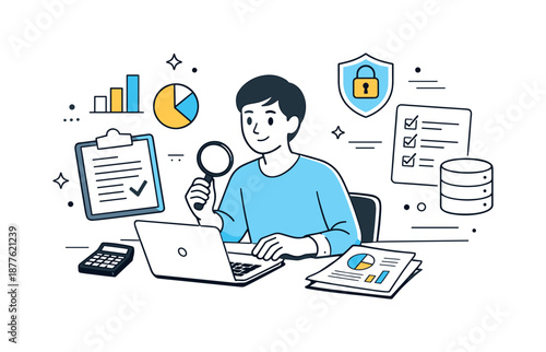 Fintech Compliance Reporting. Regulatory reporting in fintech. A specialist preparing compliance reports with charts, documents, and secure data icons.