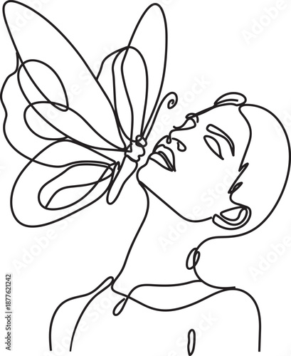 Woman Smelling Flower Line Art Illustration