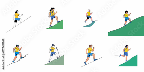 Active Women Uphill Challenge Set: Illustrations of diverse female athletes running and hiking steep slopes, representing determination, fitness, and outdoor adventure.