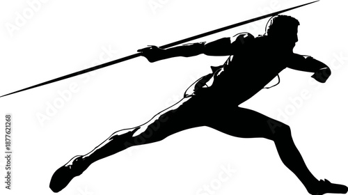 A dynamic silhouette of a man throwing a spear, captured in mid-motion against a blank white backdrop