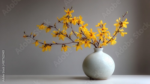 White Ceramic Vase With Forsythia Sprig On Light Gray Background, Cool Spring Minimalist Still Life Decor.