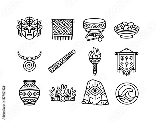 Atlantean Culture Icons. Atlantean culture. Line icon set of Atlantean culture: ceremonial mask, woven kelp cloth, tide drum, offering bowl, spiral necklace,