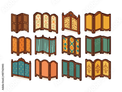 Colorful Vintage Screens. Vintage folding screens. Colorful isometric vector icons set of vintage folding screens: antique panel, Victorian floral screen,