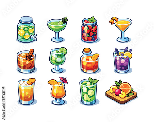 Colorful Mixology Icons. Mixology creations. Colorful isometric vector icons set of mixology creations: infused water jar, herb cocktail, berry infusion,