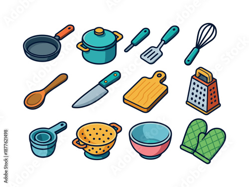 Colorful Kitchen Tools. Home cooking tools. Colorful isometric vector icons set of home cooking tools: frying pan, cooking pot, spatula, whisk, wooden spoon,