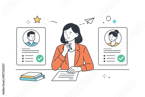 HR Candidate Review. Candidate evaluation. An HR specialist comparing candidate profiles on cards, thoughtfully reviewing skills and experience. Focused