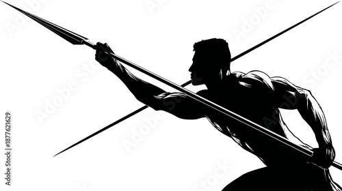 A silhouette of a muscular man aiming a spear, with an additional spear crossing the image