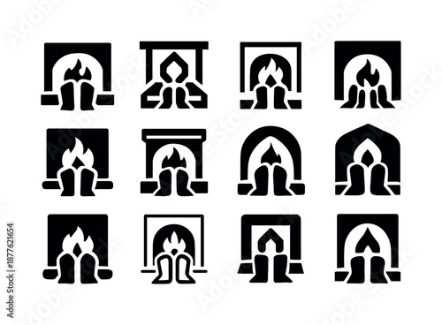 Fireplace Icon Set. People enjoying a warm fire in the fireplace. Icon set. Set Logo of people enjoying a warm fire in the fireplace: feet near fireplace.