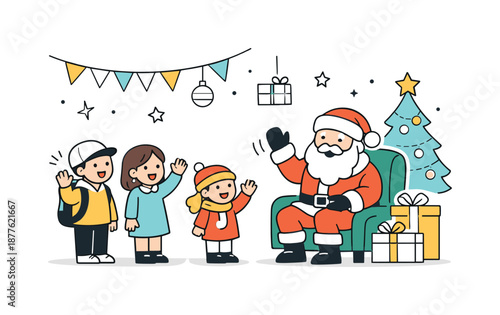 Kids Meet Santa. Kids meeting Santa in mall. Children standing excitedly in front of Santa Claus, smiling and waving. Festive joy and magical holiday