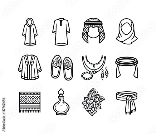 Middle Eastern Dress Icons. Middle Eastern dress. Line icon set of Middle Eastern dress: abaya, thobe, keffiyeh, hijab, bisht cloak, embroidered slippers, gold