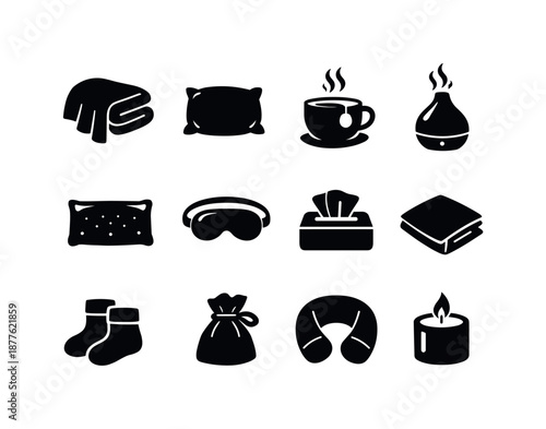 Spring Allergy Comfort Icons. Spring allergies. Solid icon set of personal comfort items: soft blanket, pillow, warm tea, essential oil diffuser, cooling gel