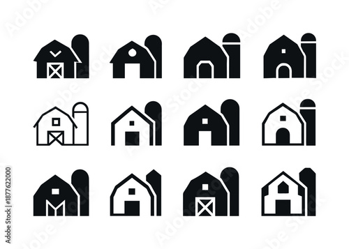 Barn and Silo Icons. Barn and silo. Icon set. Set Logo of Barn and silo: Agricultural building group: Iconic shape, Stylized detail, Negative space, Flat