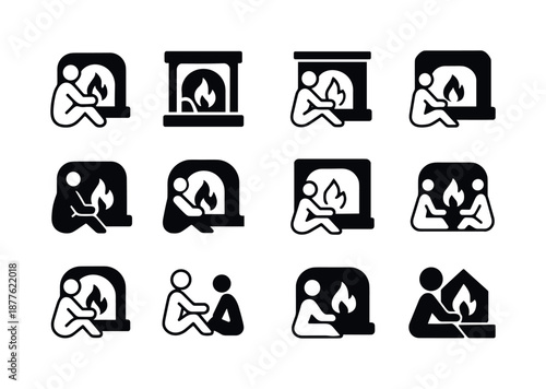 Fireplace Emblem Logos. People enjoying a warm fire in the fireplace. Icon set. Set Logo of people enjoying a warm fire in the fireplace: cozy