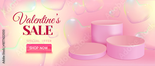 Valentine Sale Banner with Pink Podium and Bubble Hearts