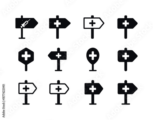 Vaccination Site Logos. Vaccination site with signs. Icon set. Set Logo of vaccination site with signs: signpost with cross. harmonious logo variations of the