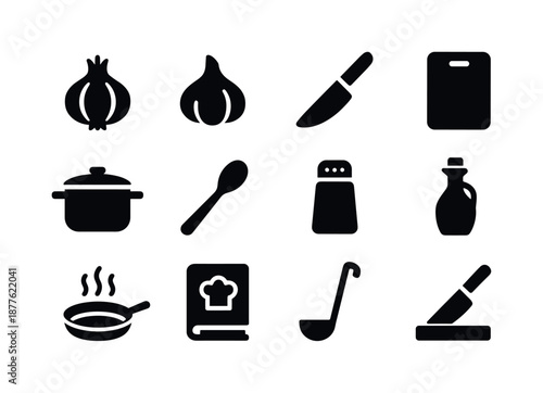 Cooking Essentials Icons. Cooking essentials. Solid icon set of cooking essentials: onion, garlic, knife, cutting board, saucepan, cooking spoon, spice jar,