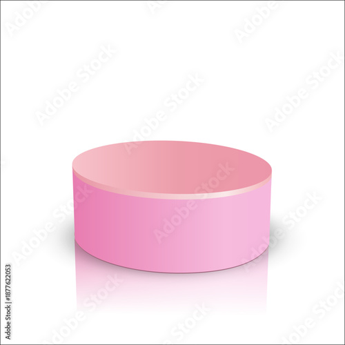 Minimalistic square scene with matte pink cylindrical podium on clean white background. Elegant product display mockup for cosmetics, branding, packaging design, beauty advertising and modern presenta