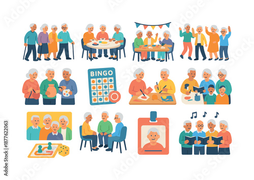 Senior Community Icons. Senior community. Colorful flat vector icons set of senior community: group walk, shared meal, social event, hobby club, bingo card,